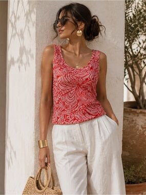 Grayse Red White Floral Burnout Tank Top Small Sleeveless Stretch Knit Summer